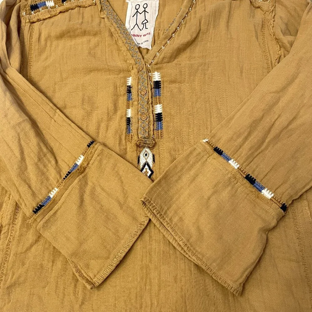 Johnny Was Mars Gauze Tunic Top Sz XL ? Gold Embroidered Aztec Beaded Frayed - Picture 14 of 16